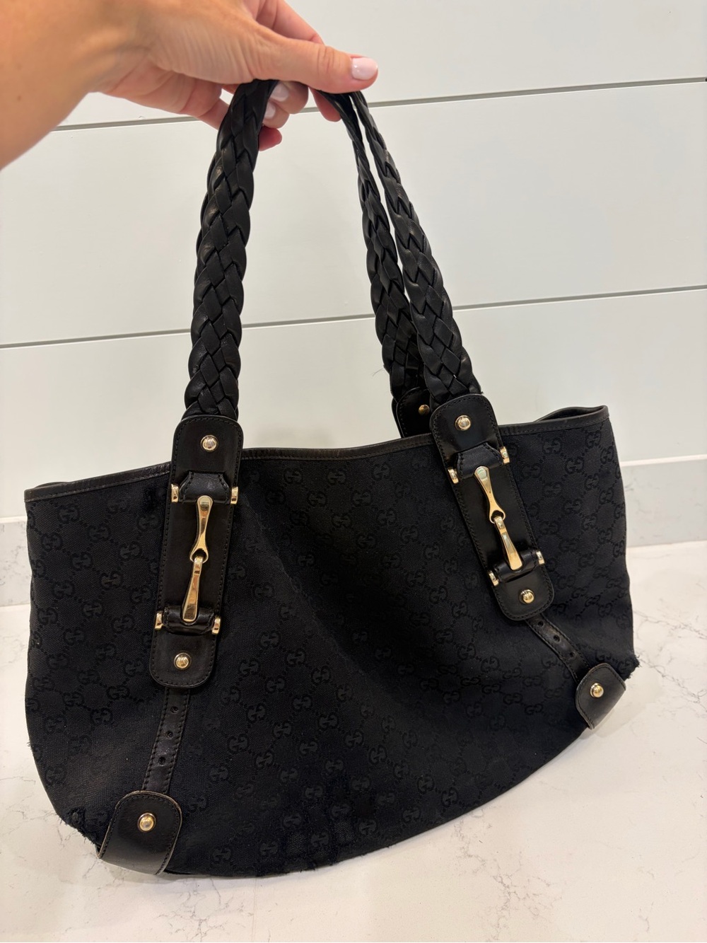 Black Gucci Horsebit Pelham Canvas Medium Tote